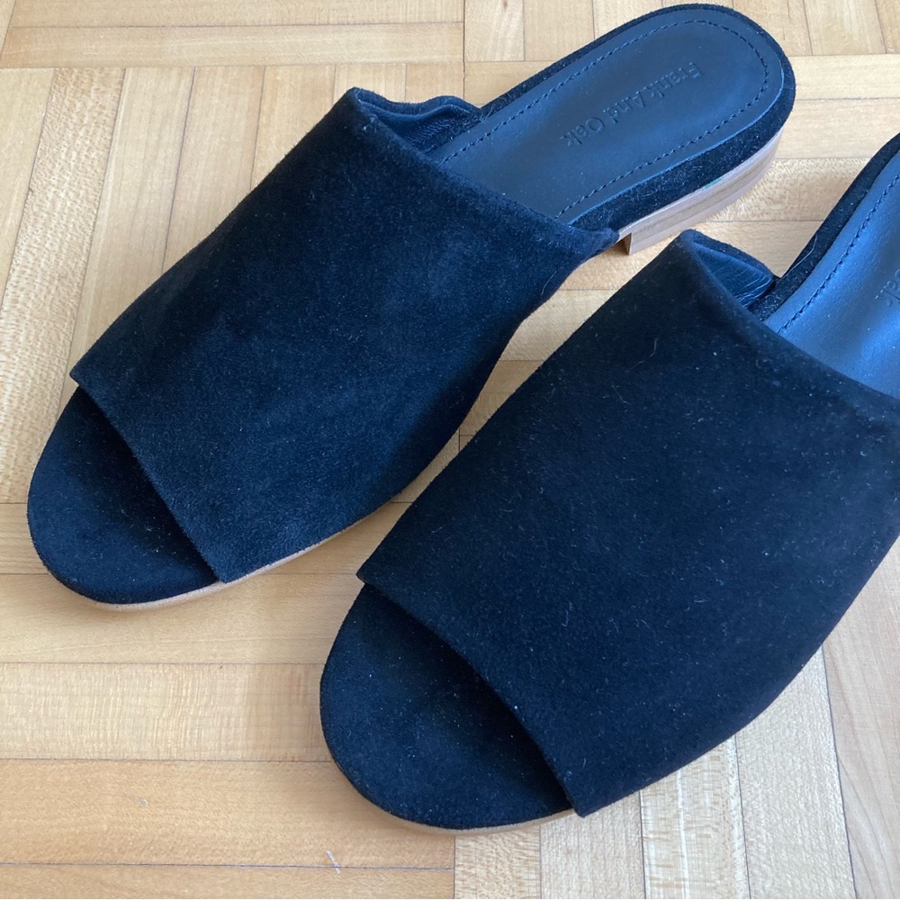 NWOT Frank & Oak black genuine suede flat slip-on mule sandals - women’s US 6.5